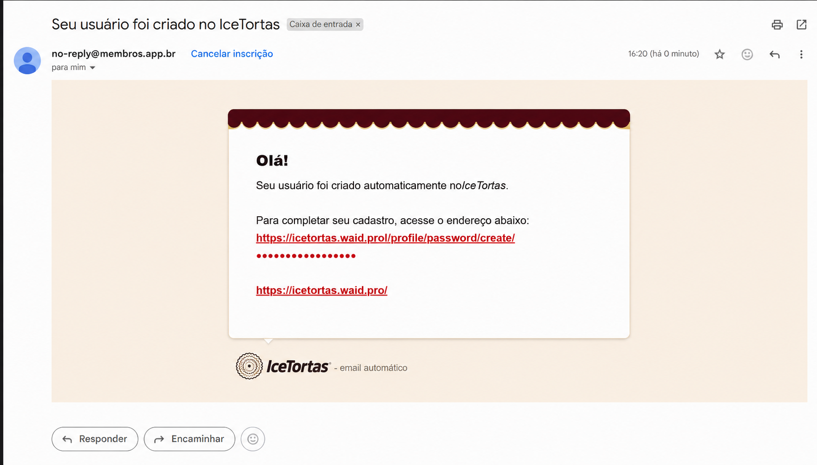 E-mail de criação de usuário IceTortas com o link de acesso