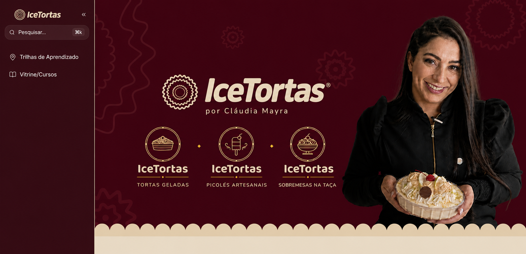 Área da aluna IceTortas com a opção Vitrine/Cursos no menu
